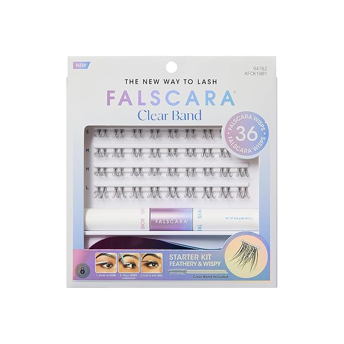 FALSCARA Clear Band False Eyelashes, Lash Extension Kit, Feathery & Wispy, Natural Volume, 8mm-10mm-12mm, Includes Bond & Seal, Precision Applicator & 36 Lash Clusters