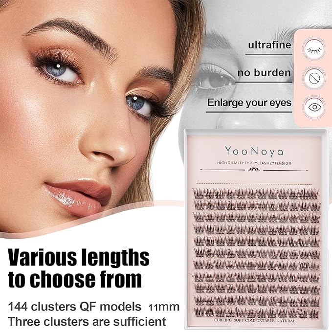 Wispy Cluster Lashes 144 Pcs 11mm Natural Individual Eyelashes Wispy C D Curl DIY Cluster Eyelash Extensions Super Thin Band Eyelashes (QF-11mm)