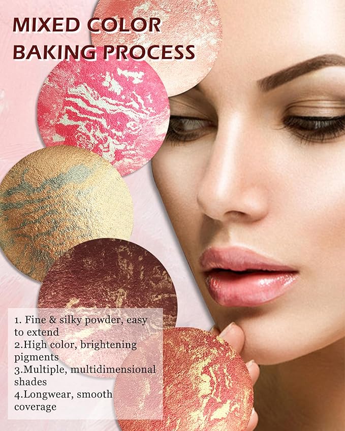 Baked Powder Blush, Glow Marbleized Blusher Powder Palette,Lightweight Shimmery face Blush for Cheeks,Eyeshadow & Highlight,Thanksgiving Makeup Gift for Women rubores de maquillaje(0.49Ounce)-03