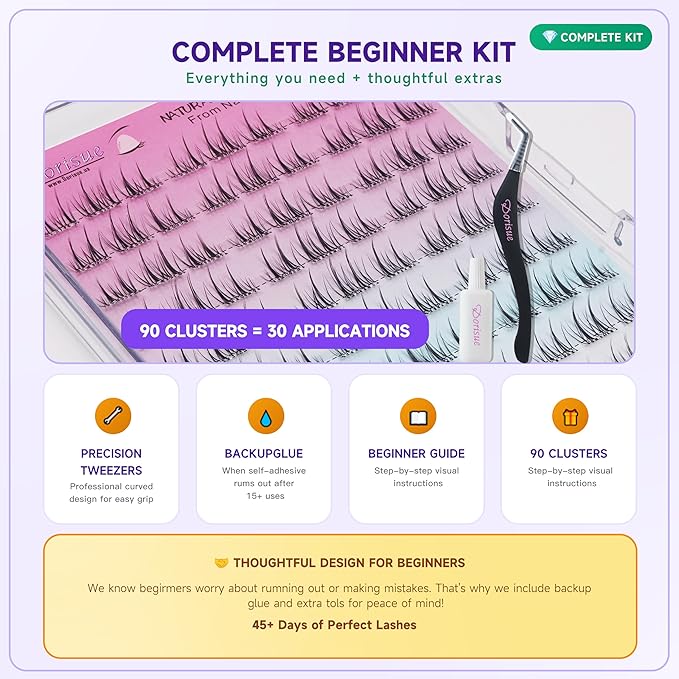 Pre Glued Lash Clusters Daily Individual Eyelashes No Glue Needed Self Adhesive Wispy Volume False Lashes,Premium Tweezers and Extra Travel Glue 90PCS