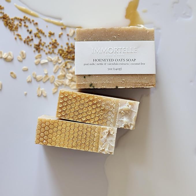 Honeyd Oats body soap bar, goatmilk, bee pollen & honey, 5oz, Coconut-free, fragrance free, calendula & nettle extracts, colloidal oatmeal (Cool citrus basil)