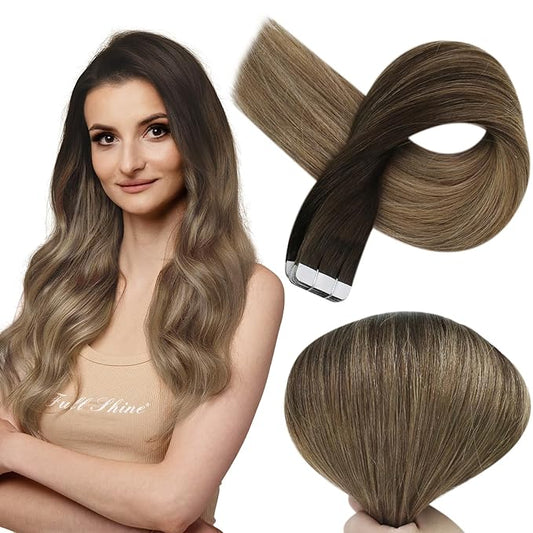 Full Shine Brown And Blonde Tape in Hair Extensions Balayage Color 2/6/18 Natural Tape Extensions Double Sided Hair Extensions Tape Hair Seamless Straight Real Hair Extension 14Inch 20pcs 50G