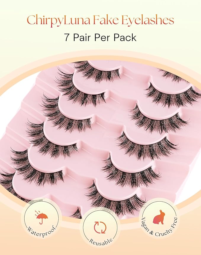 Lashes Cat Eye False Eyelashes Natural Look 13MM Manga Lash Strips C Curl Eye Lashes Pack with 0.03MM Thin Band ChirpyLuna Fake Eyelashes, 7 Pair