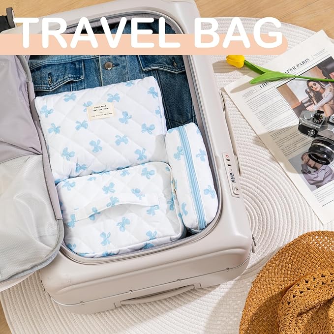 Makeup Bag for Women 3PCS Quilted Cotton Make Up Bag Travel Cosmetic Bag Large Makeup Bag Set Cute Blue Bow Makeups Organizer Floral Toiletry Pouch for Purse