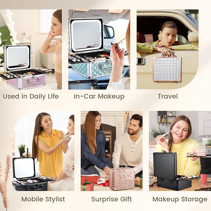 Makeup Case with Magnetic Lighted Mirror 10.15 IN Makeup Organizer Box Travel Cosmetic Case with 3 Colors LED Mirror Portable Vanity Make up Suitcase with Dividers Brush Holder Lock Black Checkerboard