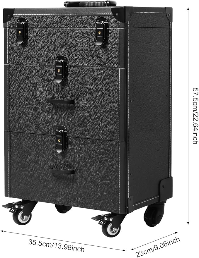 Makeup Train Case, Rolling Makeup Trolley Case, 3 Tiers Lockable Nail Polish Organizer with 2 Keys 4 Wheels (2 with Brakes) for Travel Makeup Artists Nail Technicians (Black Case, Black Lock)