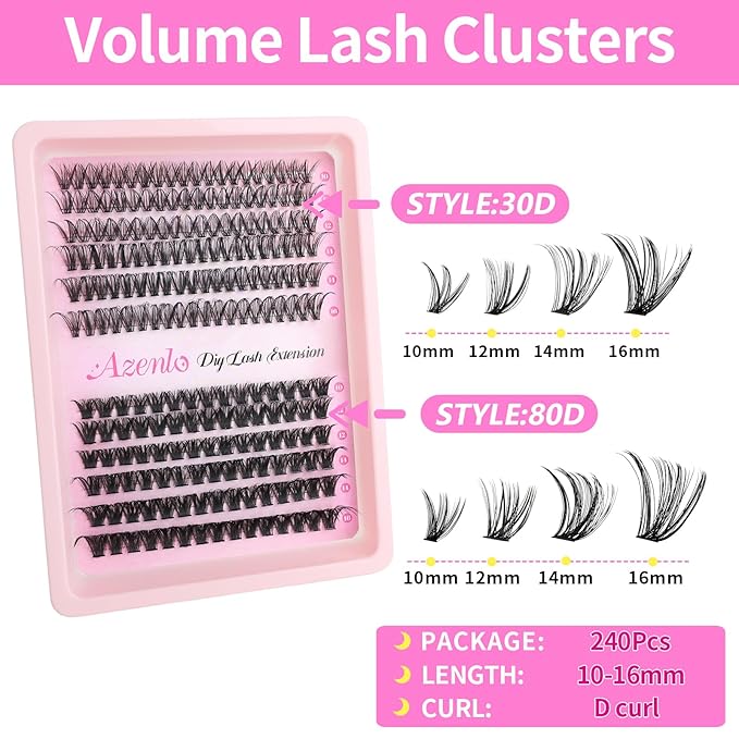 Lash Extensions Cluster DIY Lashes 240pcs 30D 80D 10-16mm Eyelash Clusters Individual Lashes Lash Kit Think Band Lash Kit(30D+80D KIT)