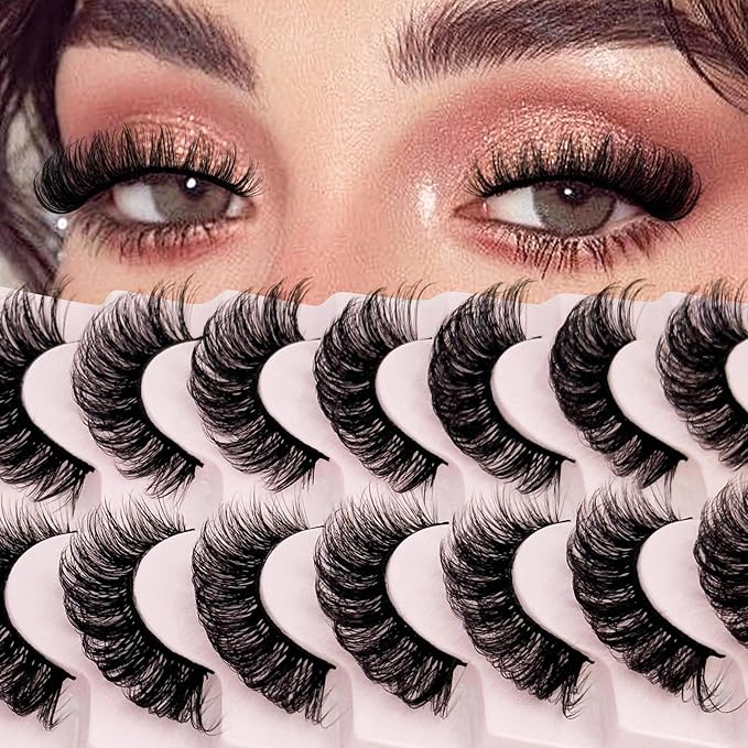 Short Lashes Natural Look D Curl 8-14mm Mink Eyelashes Fluffy that Look Like Extensions Strip False Volume Lash Pack Full 7 Pair Wispy Cat Eye Mega Double Stacked Thick Eyelash Small Fake Lashes