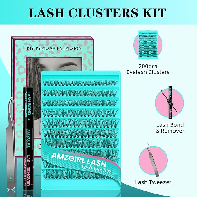 Lash Clusters Kit 200PCS 30D Eyelash Extension Kit D Curl Wispy Eyelash Clusters DIY Natural Individual Lashes Kits Lashes Extensions Kit with Lash Bond and Remover Eyelash Tweezer at Home