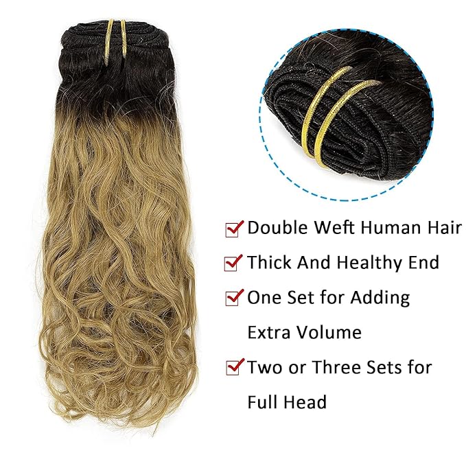 Caliee Natural Wave Human Hair Curly Clip in Hair Extensions Ombre Natural Black Fading into Strawberry Blonde Clip Ins 16Inch 120G Remy Human Hair Extensions for Black Women 7Pcs
