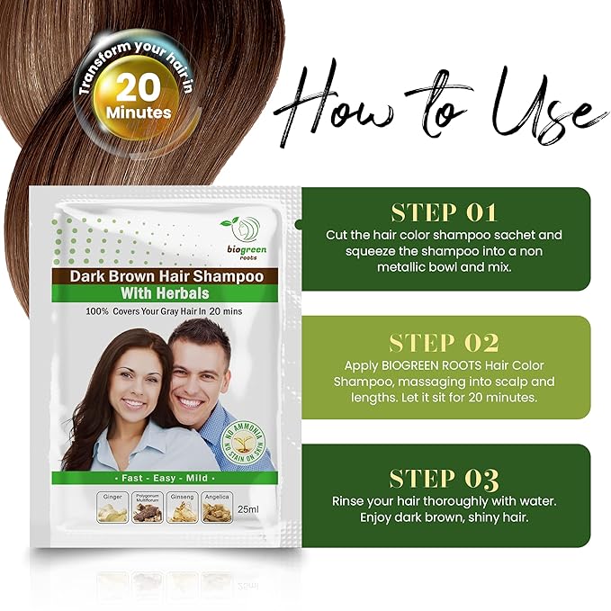 Ammonia-Free Herbal Hair Shampoo - Covers Gray Hair for Men & Women - Natural Color & Nourishment - No Skin Stains - Dark Brown (20 sachets x 25 ml)