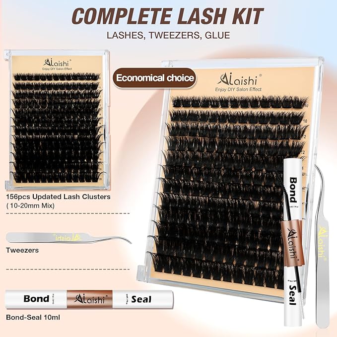 Lash Clusters Kit, DIY Cluster Eyelash Extensions 10‑20mm, 150D, 156pcs Fluffy D Curl Natural Lashes with Bond & Seal,Tweezers–Fake Cat Eye Individual Clusters