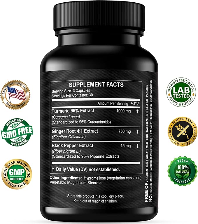 Turmeric Curcumin with Ginger – 1750mg High-Potency Formula with 95% Standardized Curcuminoids and Ginger Extract – Black Pepper for Enhanced Absorption – 60 Vegan Capsules