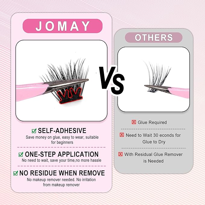 JoMay Self Adhesive Eyelashes, Press on Lashes No Glue Needed, Glueless Lashes Pre-Glued Natural Cluster Extension Kit D Curl For Beginners, No Sticky Residue 1 Step DIY 48PCS 10-16mm X04