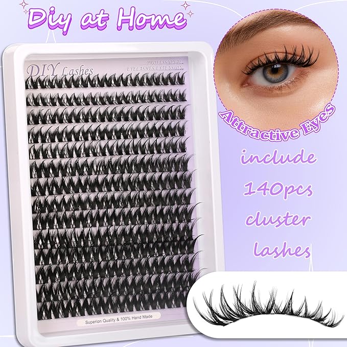 Lash Clusters Flora D Curl Lash DIY Volume Eyelash Extensions Kit Cat Eye Lashes Individual Lashes Ultra-Thin (0.05-0.07mm) Black Band 8-16MM Wispy Cat Eye Lashes for Self Application