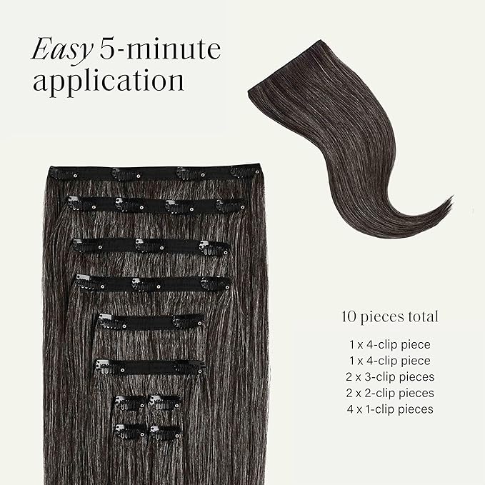 Luxy 100% Remy Human Hair, Classic 160g Clip-In Hair Extensions - 10 Wefts Multi-Dimensional Color for Natural Blending, Adds Volume & Length, Easy Apply & Remove 16" Dark Gray Classic