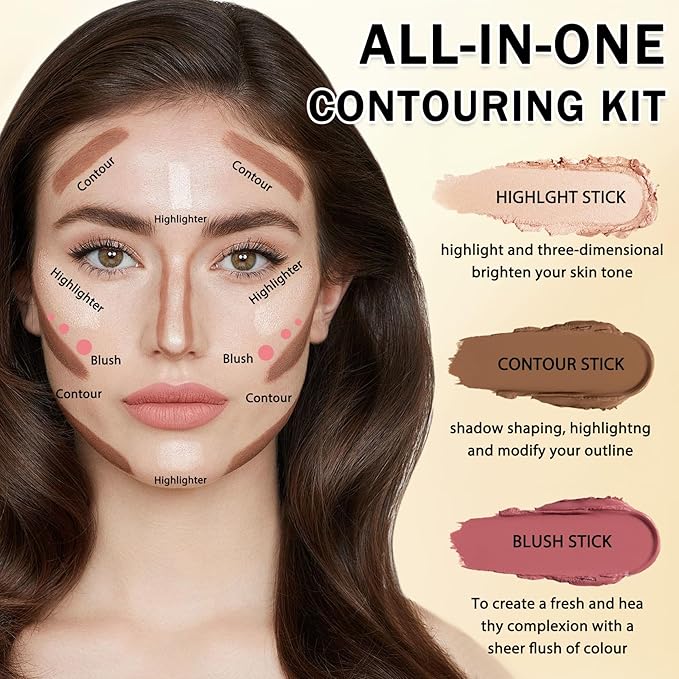 6 Colors Cream Contour Stick Makeup Kit, Double-ended Cream Highlighter Stick Bronzer and Blush Stick for Sculpt the Cheeks, Matte & Dewy Finish, Face Contour Kit for Beginners, Set B