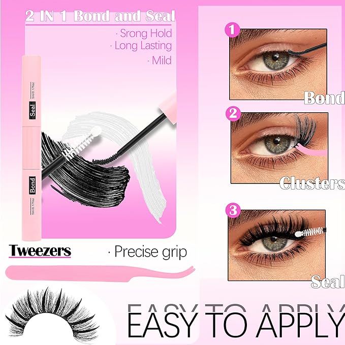 Lash Clusters Kit with Spikes Bottom Extensions False Eyelashes 808Pcs Bulk Packs with 2X Bond&Seal 3D Volume D Curl Wispy Individual Fake Eyelash Wholesale Large Pack for Beginners Gift Choice