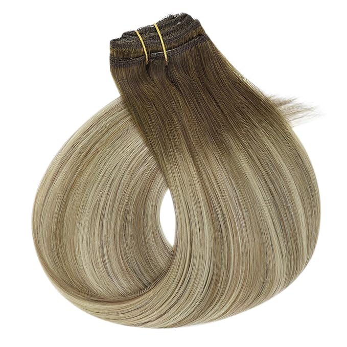 Full Shine Ombre Clip in Hair Extensions Human Hair 3 Pcs 60 G 12 Inch Short Clip in Extensions Walnut Brown to Light Brown Mix Light Blonde Straight Remy Hair Extensions for Fine Hair