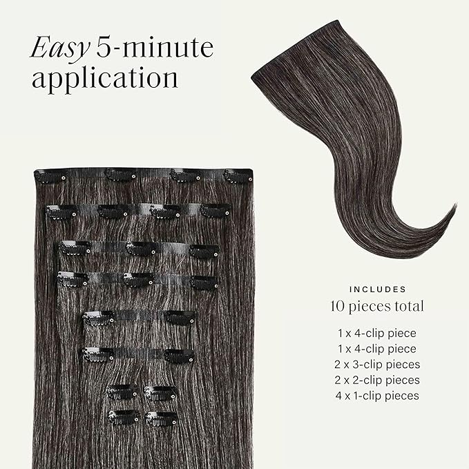 Luxy 100% Remy Human Hair - Seamless Clip-In Hair Extensions - Multi-Dimensional Color for Natural Blending, Adds Volume & Length 160 grams 16" Dark Grey Seamless