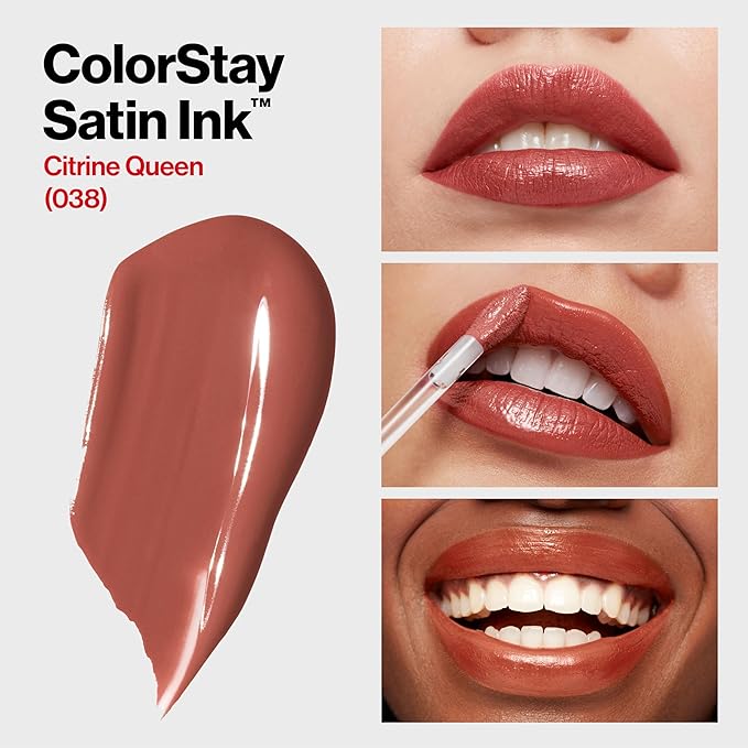 REVLON ColorStay Satin Ink Crown Jewels Liquid Lipstick, Longlasting & Waterproof Lipcolor, Moisturizing Creamy Formula Infused with Black Currant Seed Oil, 038 Citrine Queen, 0.17 fl oz.