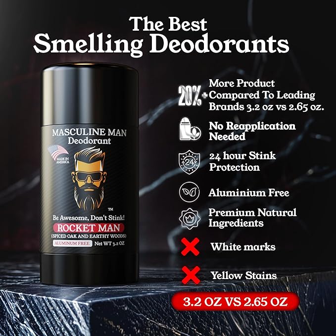 Deodorant for Men - Aluminum Free Mens Deodorant - Travel Size Natural Deodorants - Sweat Protection for Underarm, No Stain Stick Deodorants, Made in USA, 3.2oz (Pack of 2, Rocket Man)