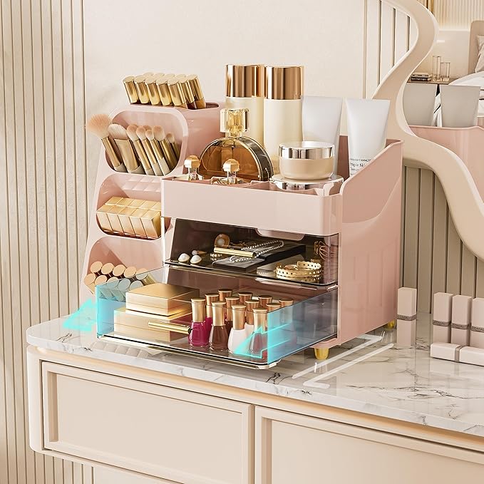 Delamu Large Makeup Organizer with Drawers, Spacious Cosmetic Display Caddy with Makeup Brush Holder, Bathroom Countertop Organizer for Vanity, Dorm, Desk, Pink