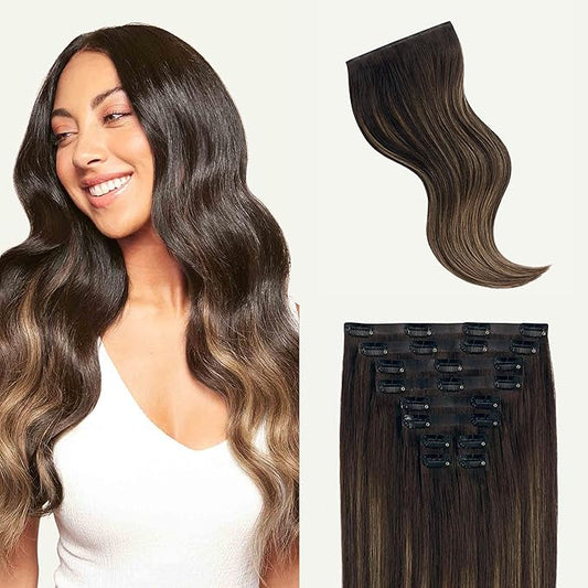 Luxy 100% Remy Human Hair - Seamless Clip-In Hair Extensions - Multi-Dimensional Color for Natural Blending, Adds Volume & Length 180 grams 20" Mocha Bronde Balayage