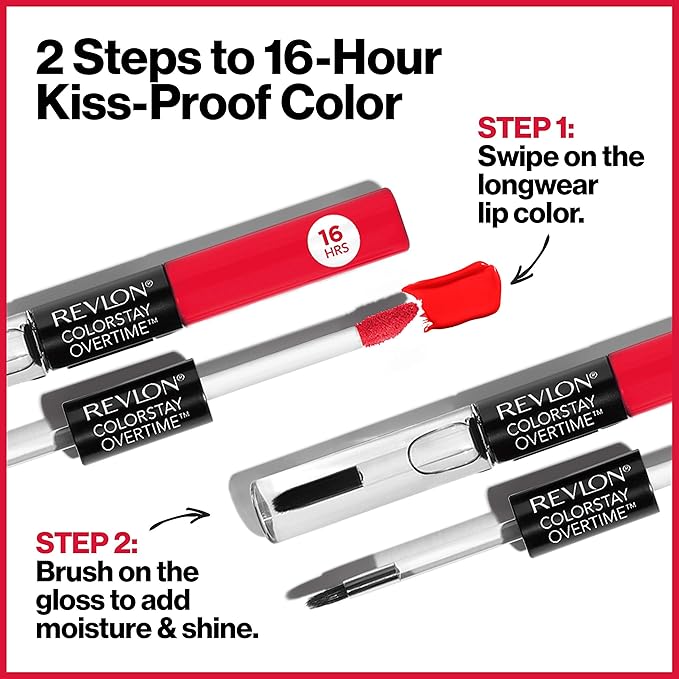 Revlon Liquid Lipstick with Clear Lip Gloss, ColorStay Overtime Lipcolor, Dual Ended with Vitamin E, 480 Unending Red, 0.07 Fl Oz