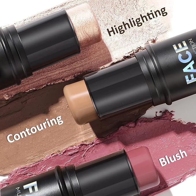 3PCS Cream Contour Stick Kit,Matte Waterproof Blush Highlighter Bronzer Contour Stick with Brush,Non-greasy Creamy Travel Size Contouring Stick Makeup Set for Face,Suitable for All Skin Types
