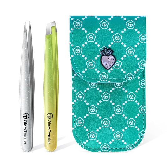 Expert Slant and Point Tip Tweezer Set with Exclusive Storage & Carrying Case, GlamTweeler Sharp & Precision Tweezer Set for Eyebrows, Facial Hairs & Fine Hairs Removal (Sparkle Apple Green + Silver)