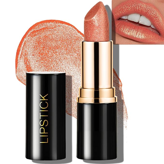 Glitter Lipstick Metallic Coral Orange, Shimmer Lip Stick Long Lasting Waterproof Pearl Diamond Creamy Lipstick Makeup Sparkle High Pigmented Shine Moisturizing Lip Balm Non Stick Cup for Women