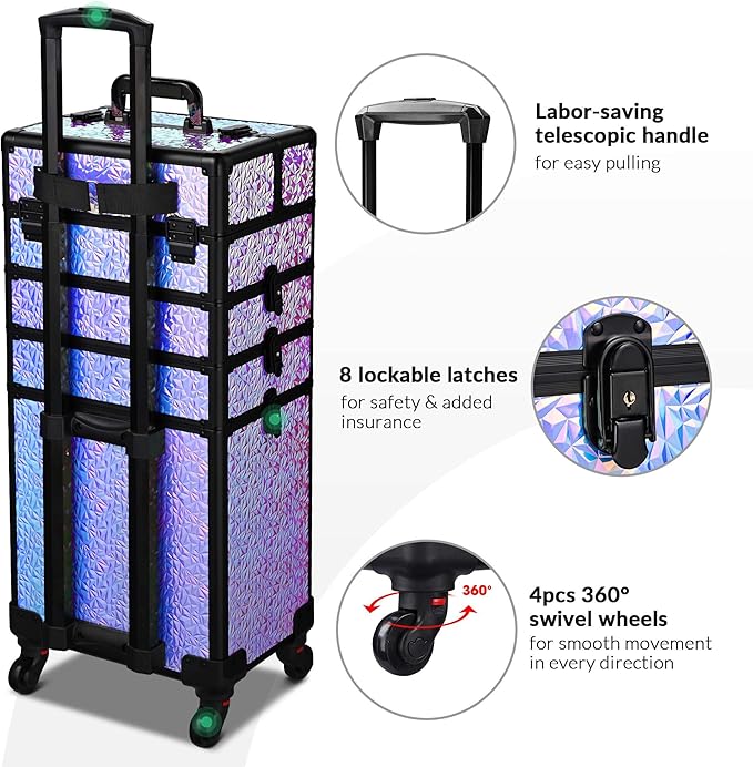 BYOOTIQUE 4in1 Rolling Makeup Case on wheels Nail Traveling Organizer box False Eyelash Storage for Nail Technician Beauty Salon Barbershop Hairstylist,Mermaid Purple