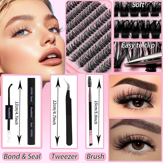 Lash Clusters Kit, Eyelash Clusters Individual Lash Extension Kit 480 Pcs D Curl Fluffy Wispy False Eyelashes Extensions Thin Band with Bond Seal Tweezers Brush Removers (30D+40D KIT 9-16mm)