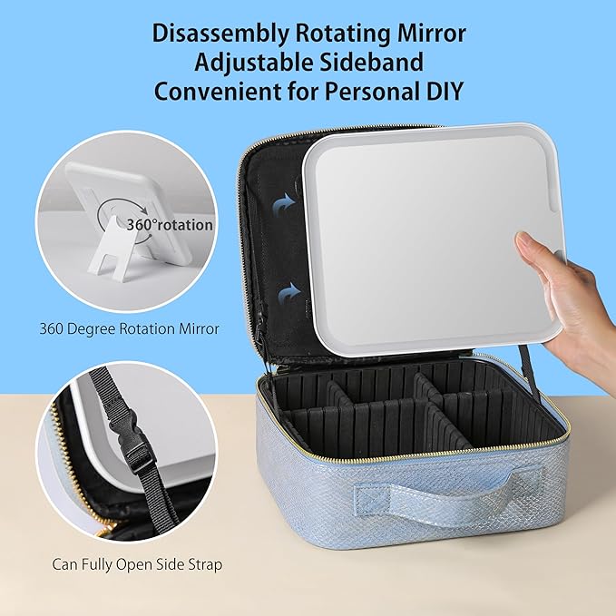 Portable Travel Makeup Bag with Mirror and Light - 3 Colors,Adjustable Brightness Spacious Cosmetic Organizer,Mermaid Shine Blue