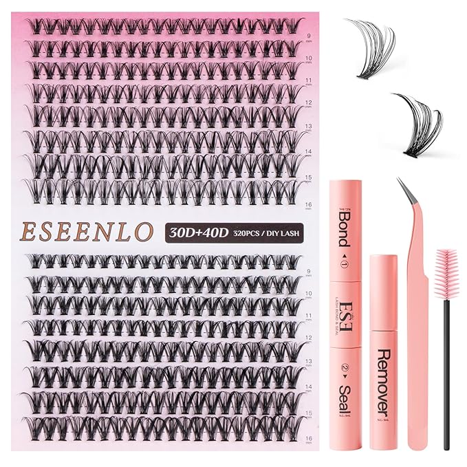 Lash Extension Kit, 320pcs DIY Eyelash Extension Kit 9-16mm Mix, 30D 40D Curl Individual Lash Clusters with Bond, Seal, Remover and Tweezers