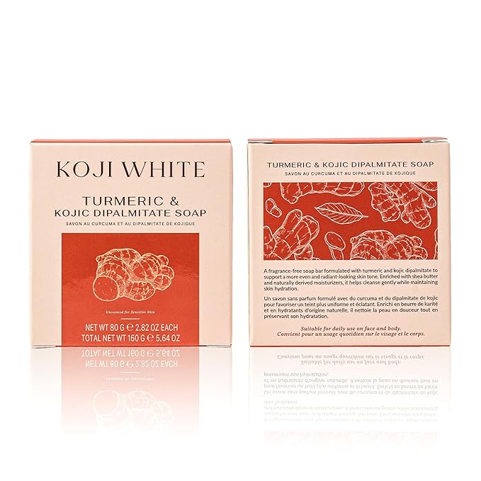 Koji White Turmeric & Kojic Acid Dipalmitate Soap - Unscented Bar Soap for Uneven Skin Tone With Shea Butter – For Face & Body, Vegan, Fragrance-Free, Sensitive Skin, 2.82 oz (2 Bars)