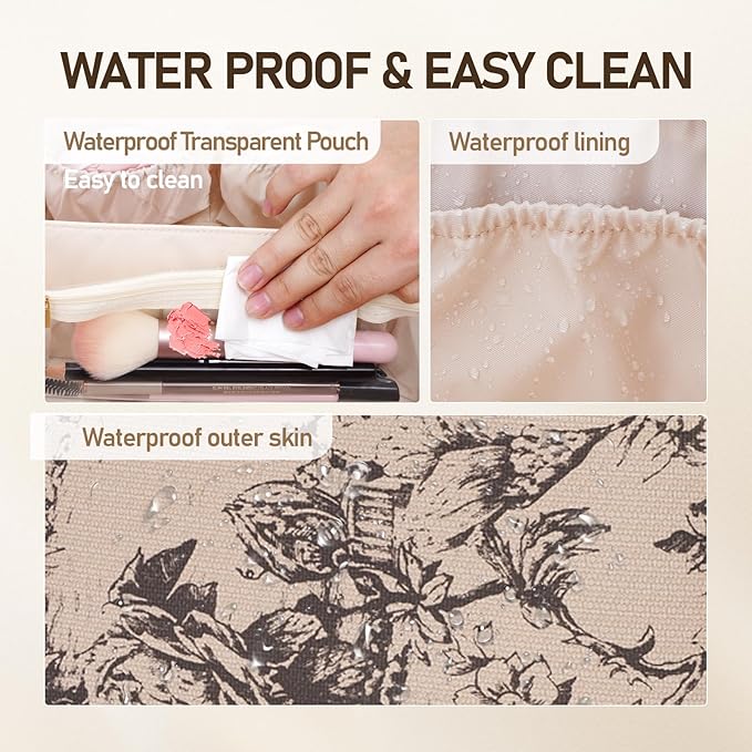 Large Capacity Cosmetic Bag for Women, Waterproof PU Leather Makeup Bag for Travel,Toiletry Bag Make up Organizer with Divider and Handle (Lighting Coffee)
