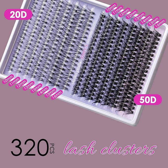 Individual Lashes with bond and seal Lash Remover DIY Lash Extension Kit 320 Pcs Cluster Lashes 10-16mm Natural Light C/D False Eyelashes for Beginner Makeup at Home (20D+50D）