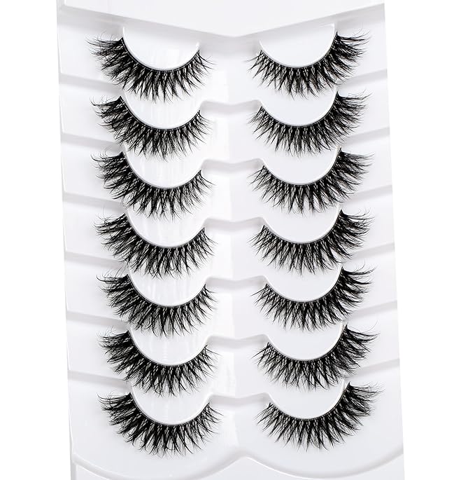 Pooplunch False Eyelashes Cat Eye Look Natural Volume Short Wispy Lash 8D Faux Mink Fake Eyelash Strips Lashes 7 Pairs Pack