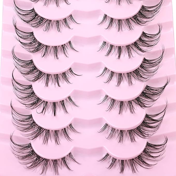 Manga Lashes Fox Eye False Eyelashes Natural Look Faux Mink Lashes Wispy Clear Band Spiky Cat Eye Strip Eyelashes Pack, 7 Pairs