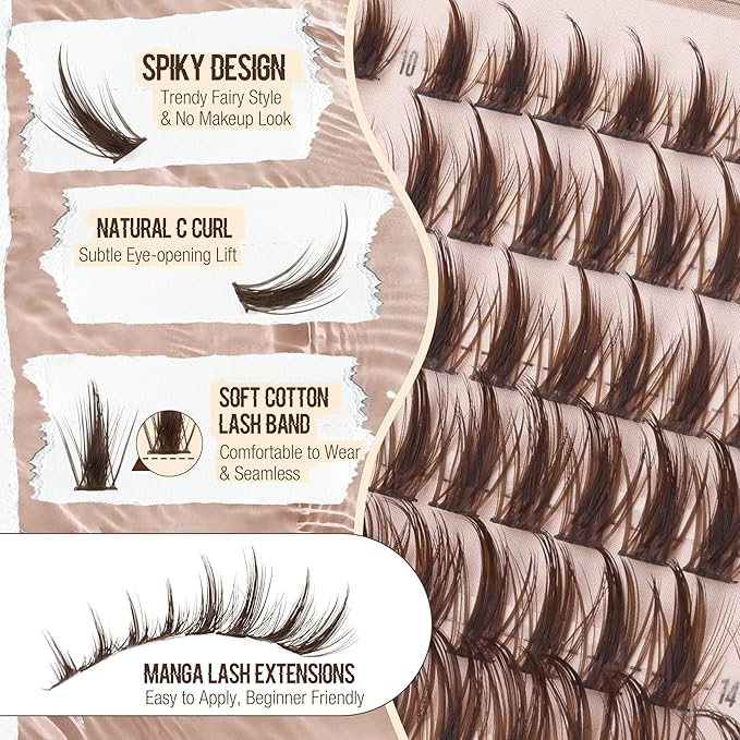 Brown Eyelash Clusters Manga Lash Clusters Spiky Cluster Eyelash Extensions Dark Brown Anime Individual Lashes Fairy Cluster Lashes Easy Application for Beginners (10-16MM, C-Curly)
