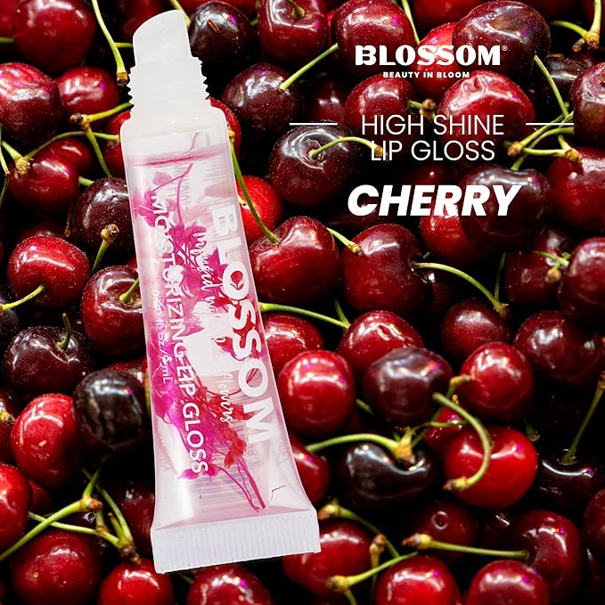 Blossom Moisturizing Lip Gloss Tubes, Roll on Perfume Oil, Natural Essential Oils, Scented pH Color Change Lip Balm with Real Flowers, 0.7 fl. oz/15mL, 3 Pack Gift Set, Cherry/Honey Jasmine/Turquoise