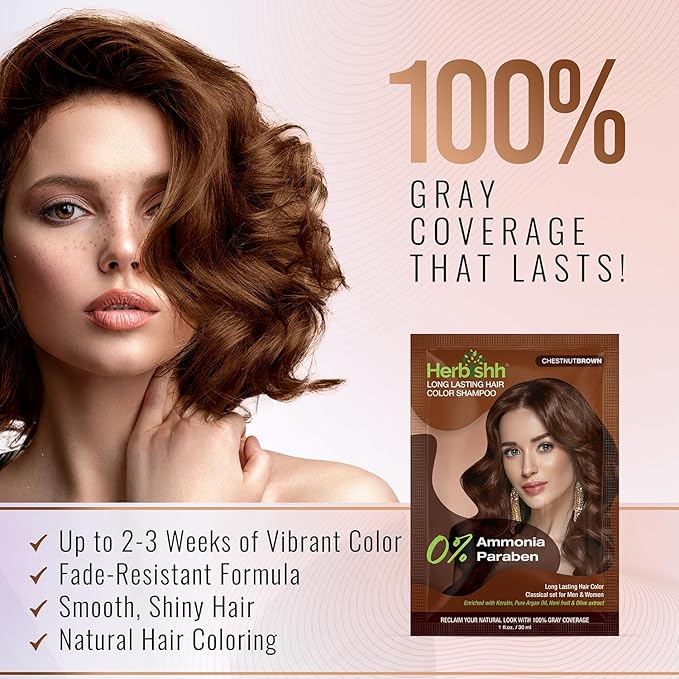Herbishh Chestnut Brown Shampoo for Gray Hair, Hair Dye Shampoo 3 in 1, 100% Grey Coverage, Instant Permanent Shampoo for Men & Women, Long-lasting & Travel-friendly, Ammonia-free, 30 ml (Pack of 5)