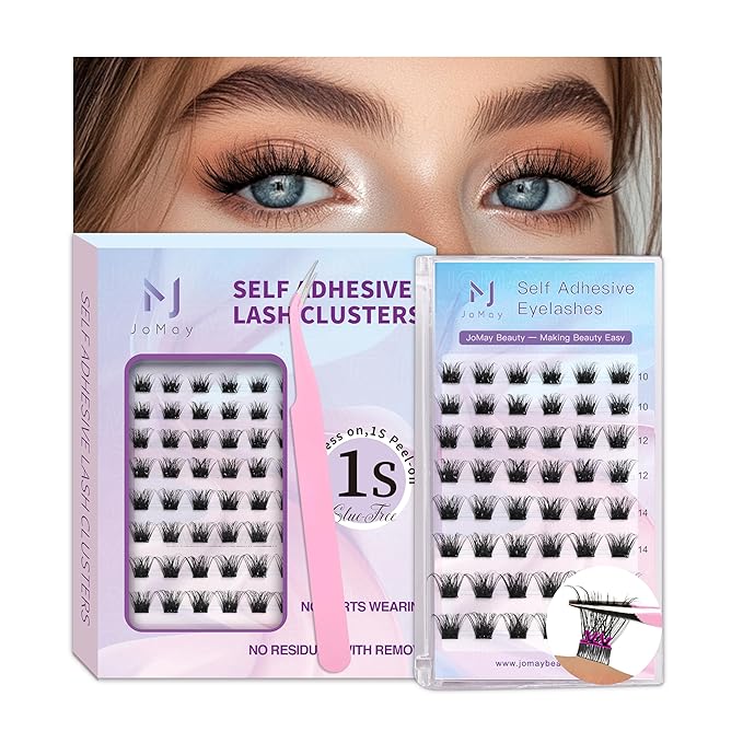 JoMay Self Adhesive Eyelashes, Press on Lashes No Glue Needed, Glueless Lashes Pre-Glued Natural Cluster Extension Kit D Curl For Beginners, No Sticky Residue 1 Step DIY 48PCS 10-16mm X04