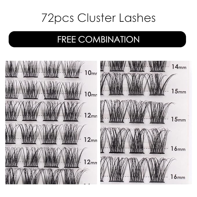 Cluster Lashes 72 Individual Lashes Clusters Eyelash Extensions False Eyelashes DIY Lash Extension Kit Reusable False Eyelashes Natural Look Mix 10-16mm C D-Curl-DM17