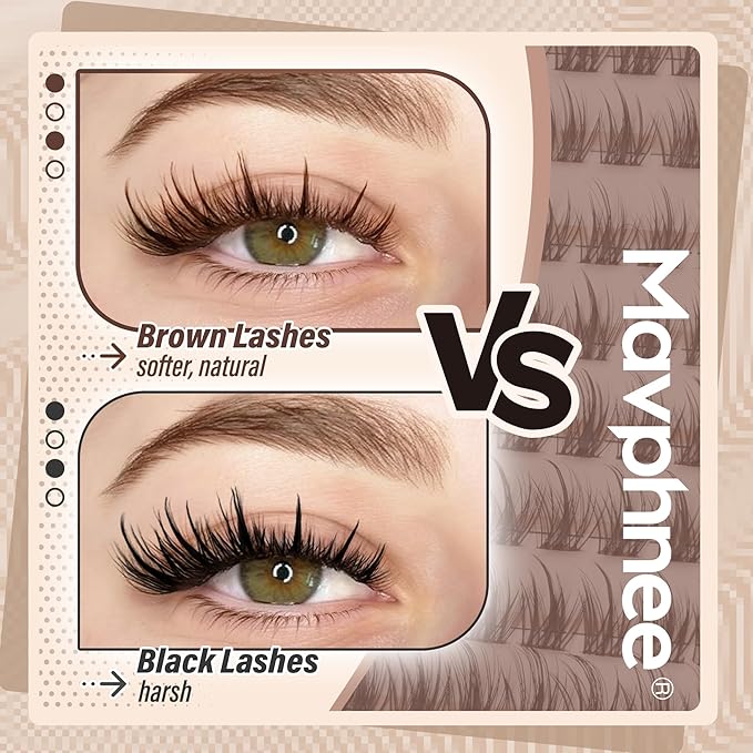 Brown Lash Clusters Kit Wispy Eyelash Extensions Kit Fairy Dark Brown Individual Lashes with Lash Bond and Seal 8-16MM C-Curly Clean Girl Beauty Natural Cluster Lashes (144Pcs, Brown Lash Glue)