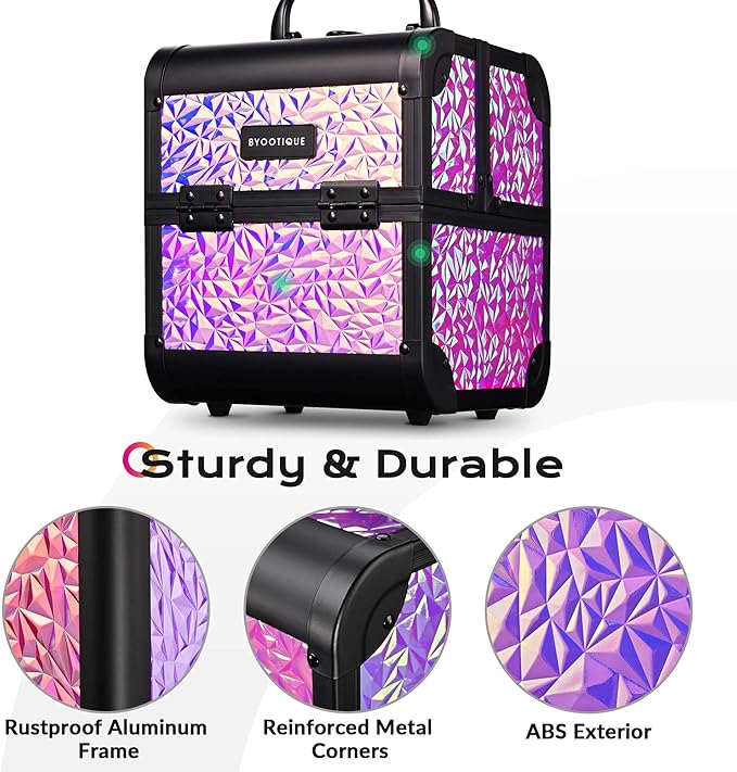 BYOOTIQUE Mermaid Makeup Train Case with Mirror 2-Tier Trays Cosmetic Organizer Lockable Jewelry Box for Nail Bar Beautician Salon Barber Hairstylist,Mermaid Pink