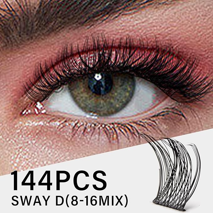 Lash Clusters 8-16mm, False Eyelashes 144pcs, Cluster Eyelash Extensions Matte Black Soft, Diy Lash Extensions D Curl Natural Lash Clusters Faux Mink Lashes Wispy（Sway,144pcs,0.07,D,8-16MIX)