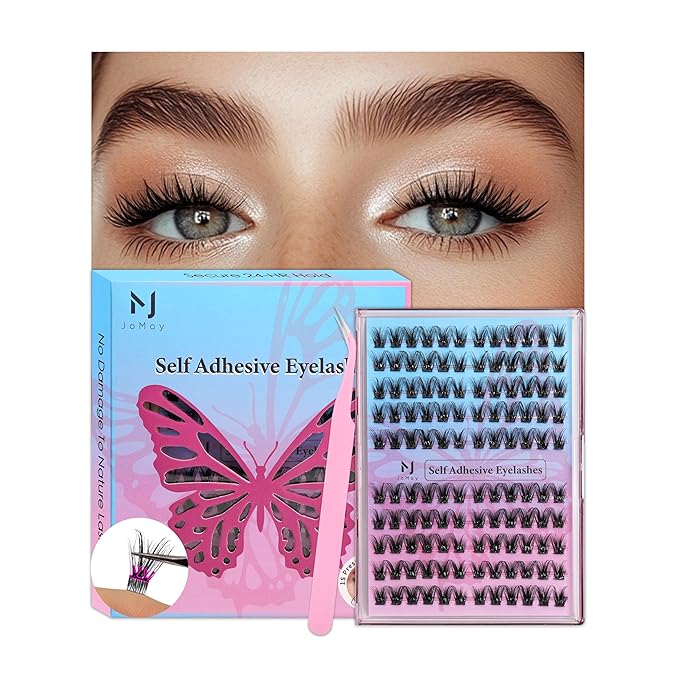 JoMay Self-Adhesive Eyelashes, Press on Lashes No Glue Needed, Glueless Pre-Glued D Curl Cluster Lashes for Beginners, No Residue, Pre-Separated L/R Eye, 1-Step DIY, 120PCS (X10)